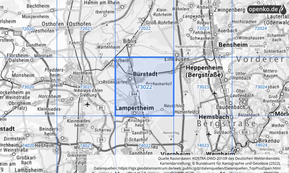 Übersichtskarte KOSTRA-DWD-2010R Rasterfeld Nr. 73022 mit angrenzenden Feldern