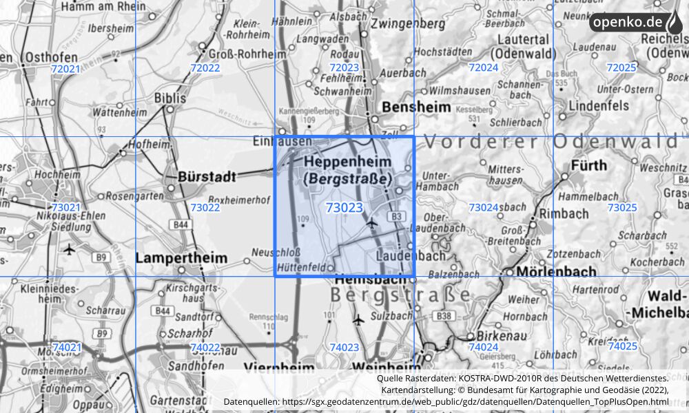 Übersichtskarte KOSTRA-DWD-2010R Rasterfeld Nr. 73023 mit angrenzenden Feldern