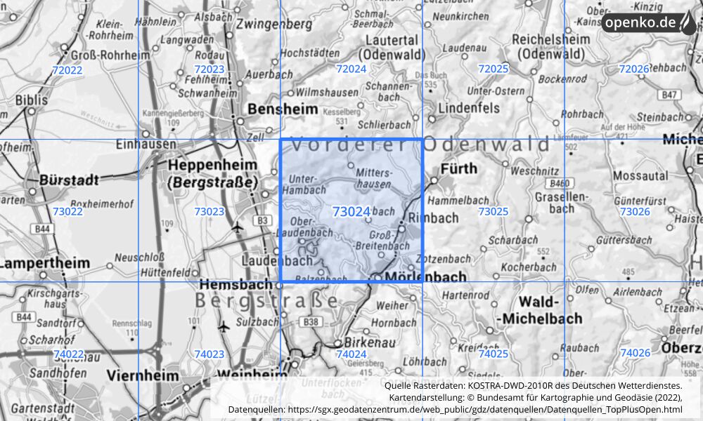 Übersichtskarte KOSTRA-DWD-2010R Rasterfeld Nr. 73024 mit angrenzenden Feldern