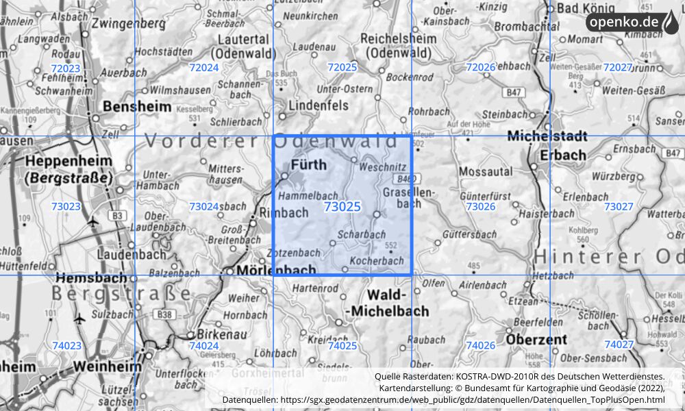 Übersichtskarte KOSTRA-DWD-2010R Rasterfeld Nr. 73025 mit angrenzenden Feldern