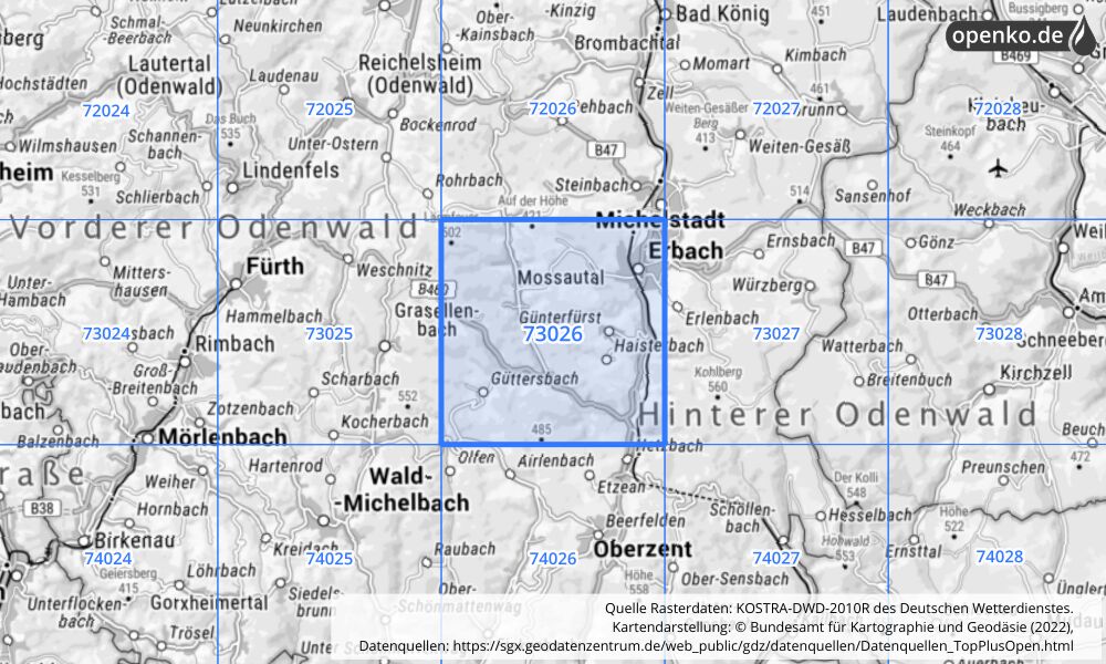 Übersichtskarte KOSTRA-DWD-2010R Rasterfeld Nr. 73026 mit angrenzenden Feldern