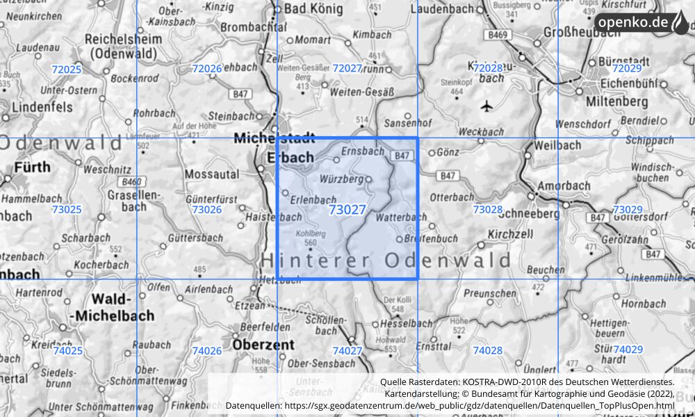 Übersichtskarte KOSTRA-DWD-2010R Rasterfeld Nr. 73027 mit angrenzenden Feldern
