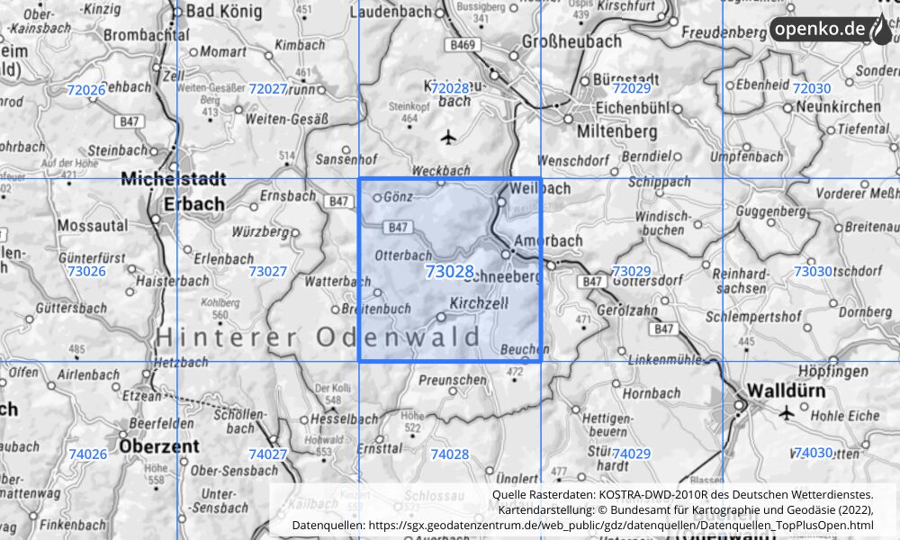 Übersichtskarte KOSTRA-DWD-2010R Rasterfeld Nr. 73028 mit angrenzenden Feldern