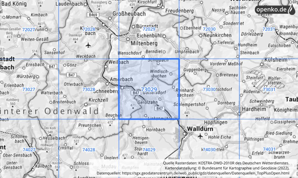 Übersichtskarte KOSTRA-DWD-2010R Rasterfeld Nr. 73029 mit angrenzenden Feldern