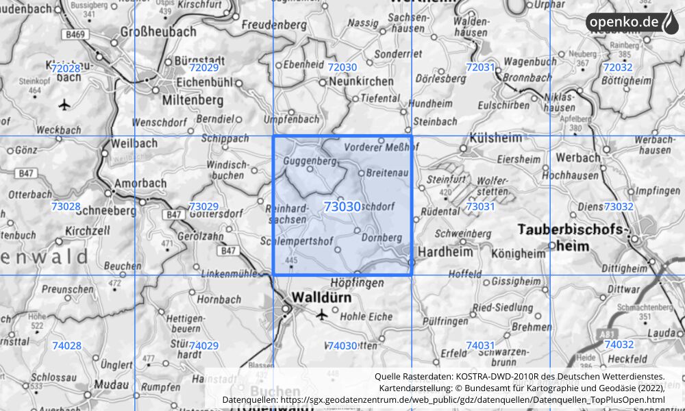 Übersichtskarte KOSTRA-DWD-2010R Rasterfeld Nr. 73030 mit angrenzenden Feldern