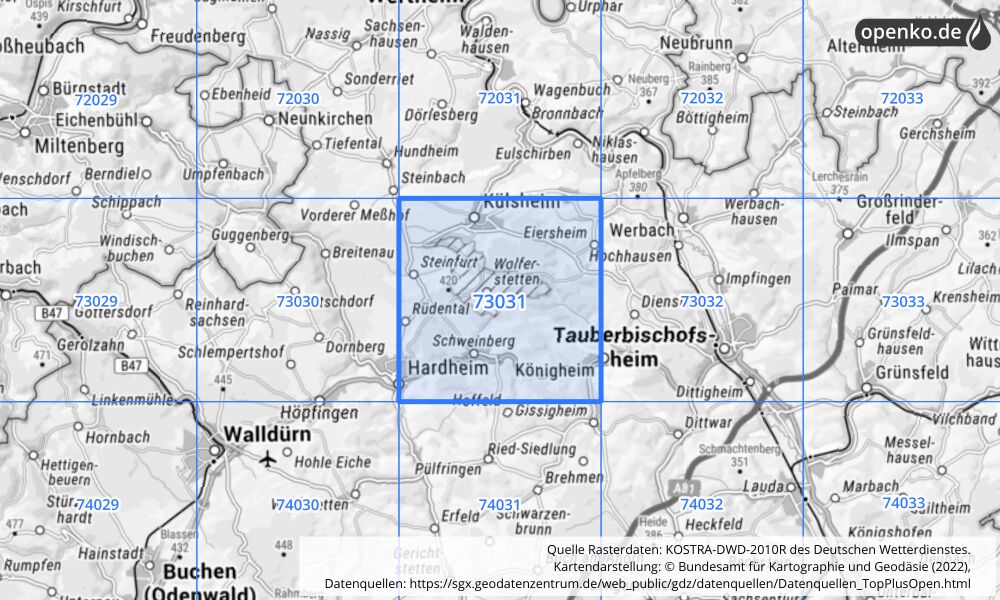 Übersichtskarte KOSTRA-DWD-2010R Rasterfeld Nr. 73031 mit angrenzenden Feldern