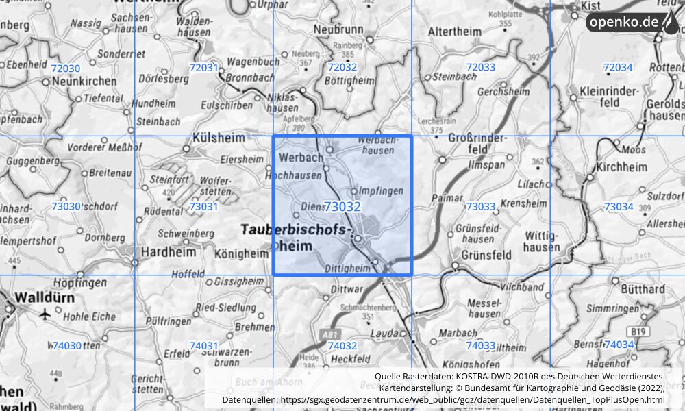 Übersichtskarte KOSTRA-DWD-2010R Rasterfeld Nr. 73032 mit angrenzenden Feldern