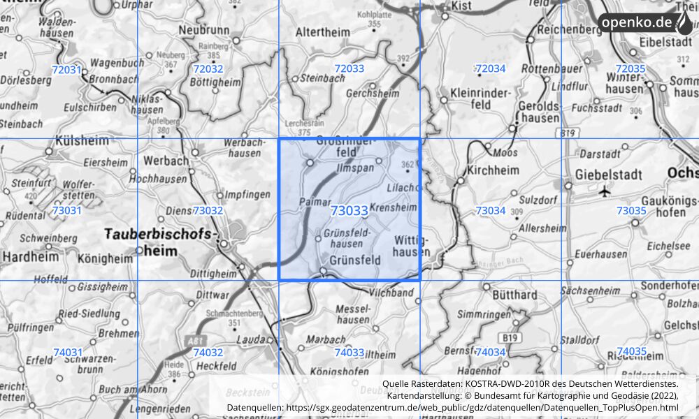 Übersichtskarte KOSTRA-DWD-2010R Rasterfeld Nr. 73033 mit angrenzenden Feldern