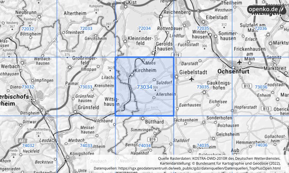 Übersichtskarte KOSTRA-DWD-2010R Rasterfeld Nr. 73034 mit angrenzenden Feldern