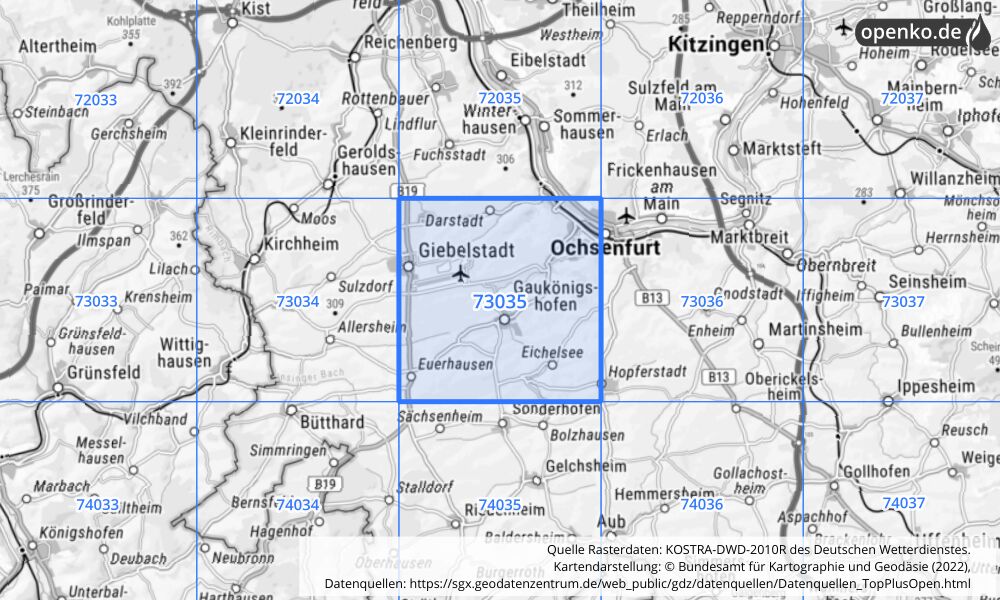 Übersichtskarte KOSTRA-DWD-2010R Rasterfeld Nr. 73035 mit angrenzenden Feldern