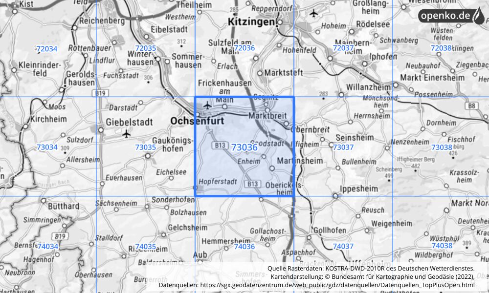 Übersichtskarte KOSTRA-DWD-2010R Rasterfeld Nr. 73036 mit angrenzenden Feldern