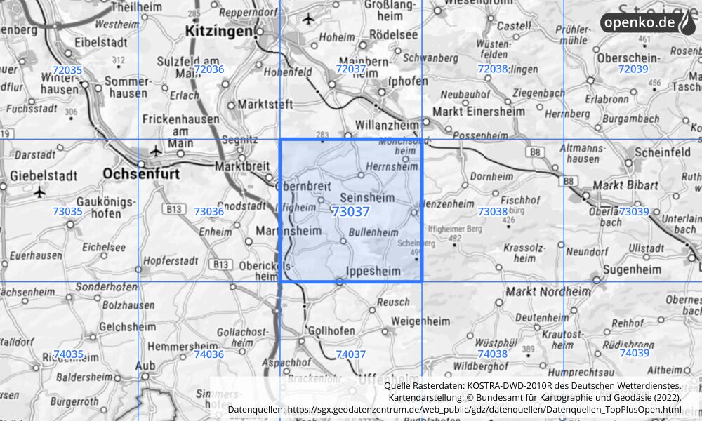 Übersichtskarte KOSTRA-DWD-2010R Rasterfeld Nr. 73037 mit angrenzenden Feldern