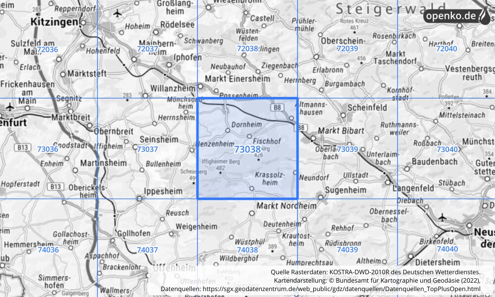 Übersichtskarte KOSTRA-DWD-2010R Rasterfeld Nr. 73038 mit angrenzenden Feldern