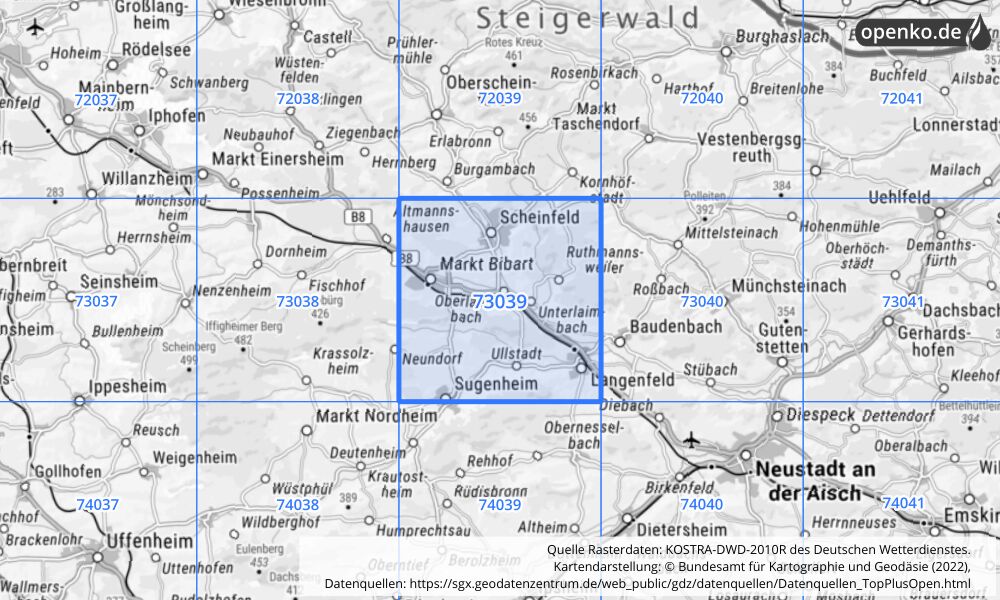 Übersichtskarte KOSTRA-DWD-2010R Rasterfeld Nr. 73039 mit angrenzenden Feldern