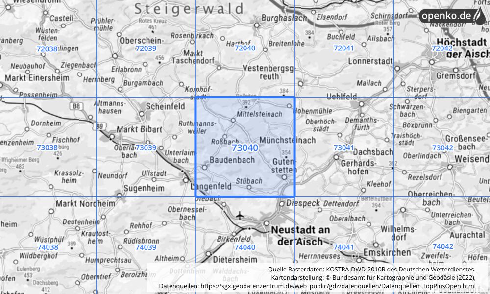 Übersichtskarte KOSTRA-DWD-2010R Rasterfeld Nr. 73040 mit angrenzenden Feldern