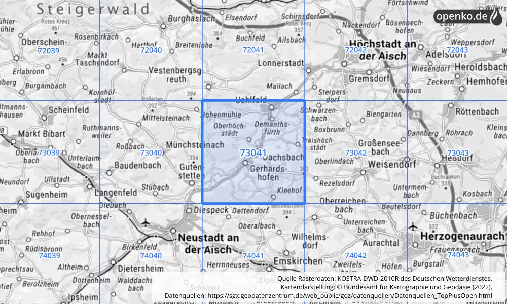 Übersichtskarte KOSTRA-DWD-2010R Rasterfeld Nr. 73041 mit angrenzenden Feldern