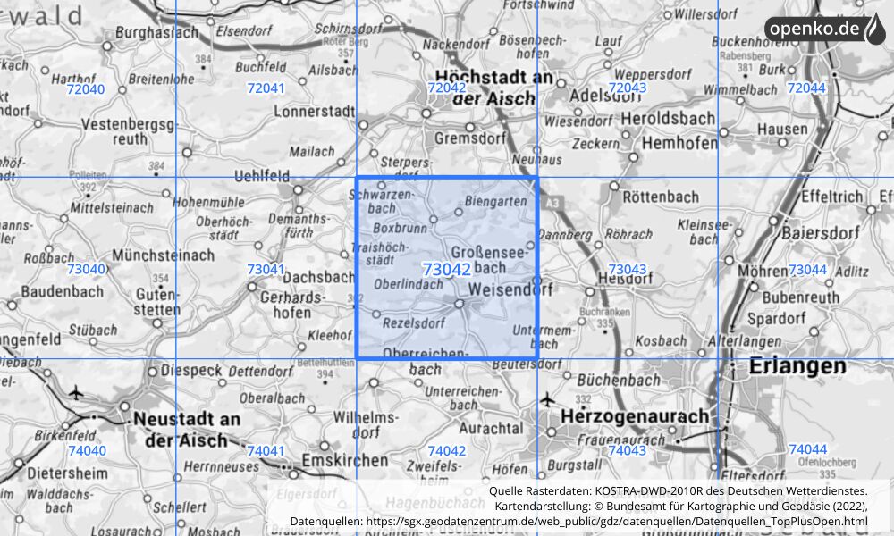 Übersichtskarte KOSTRA-DWD-2010R Rasterfeld Nr. 73042 mit angrenzenden Feldern