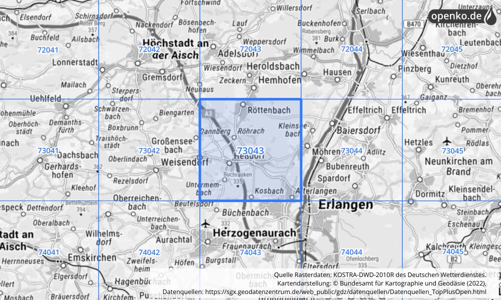 Übersichtskarte KOSTRA-DWD-2010R Rasterfeld Nr. 73043 mit angrenzenden Feldern