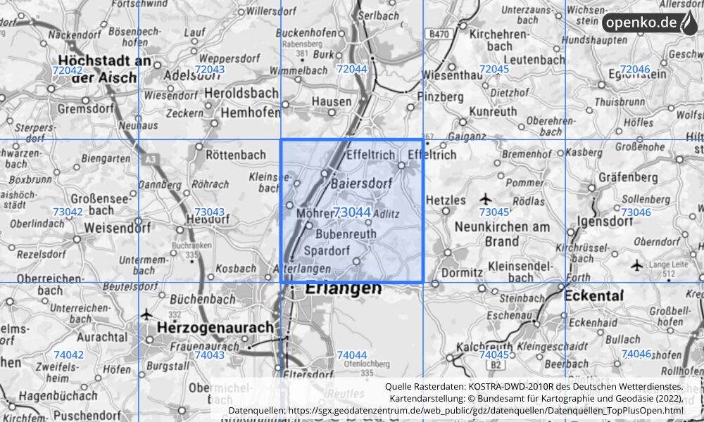 Übersichtskarte KOSTRA-DWD-2010R Rasterfeld Nr. 73044 mit angrenzenden Feldern