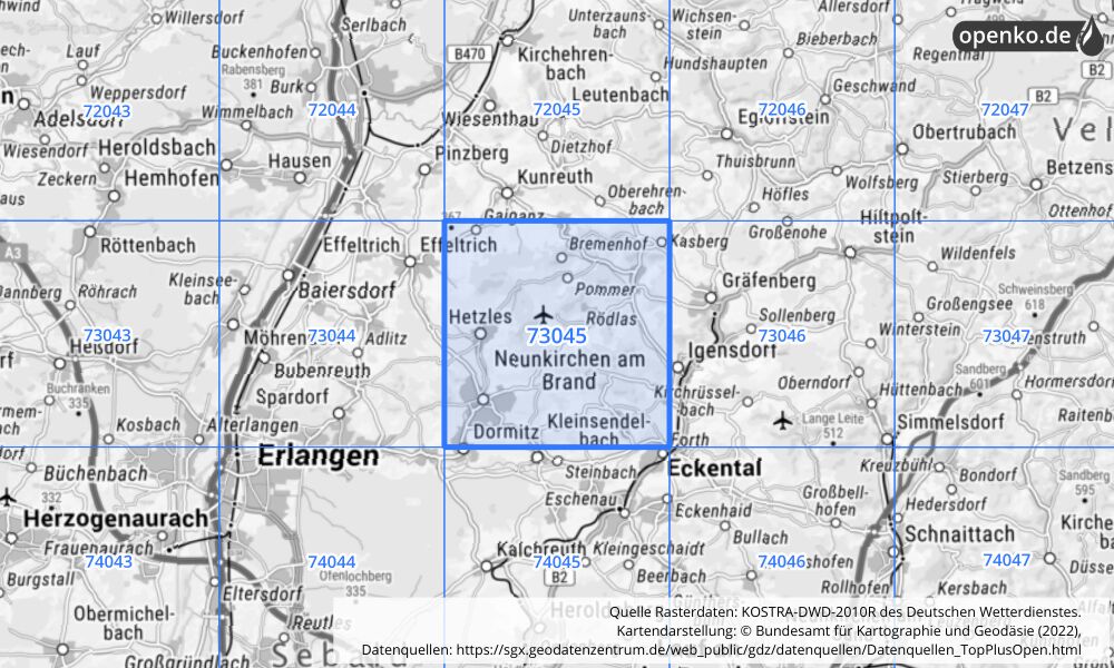 Übersichtskarte KOSTRA-DWD-2010R Rasterfeld Nr. 73045 mit angrenzenden Feldern