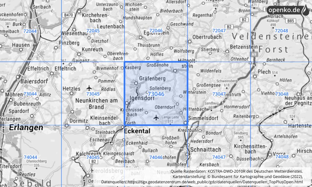 Übersichtskarte KOSTRA-DWD-2010R Rasterfeld Nr. 73046 mit angrenzenden Feldern