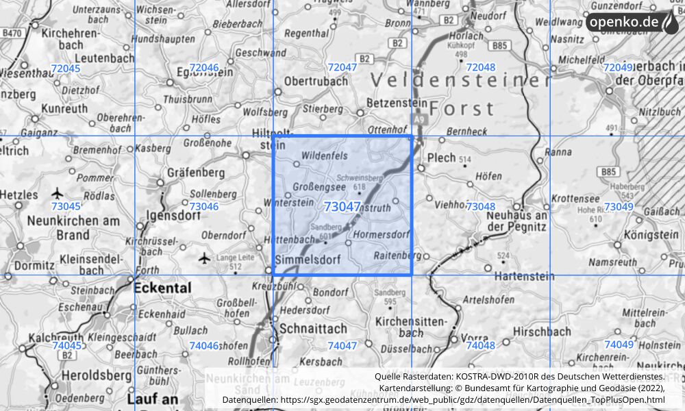 Übersichtskarte KOSTRA-DWD-2010R Rasterfeld Nr. 73047 mit angrenzenden Feldern