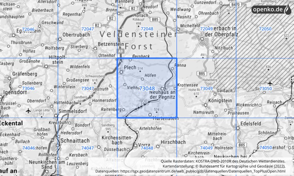 Übersichtskarte KOSTRA-DWD-2010R Rasterfeld Nr. 73048 mit angrenzenden Feldern