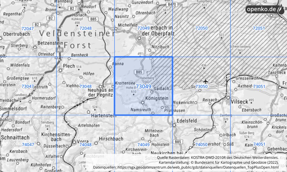 Übersichtskarte KOSTRA-DWD-2010R Rasterfeld Nr. 73049 mit angrenzenden Feldern