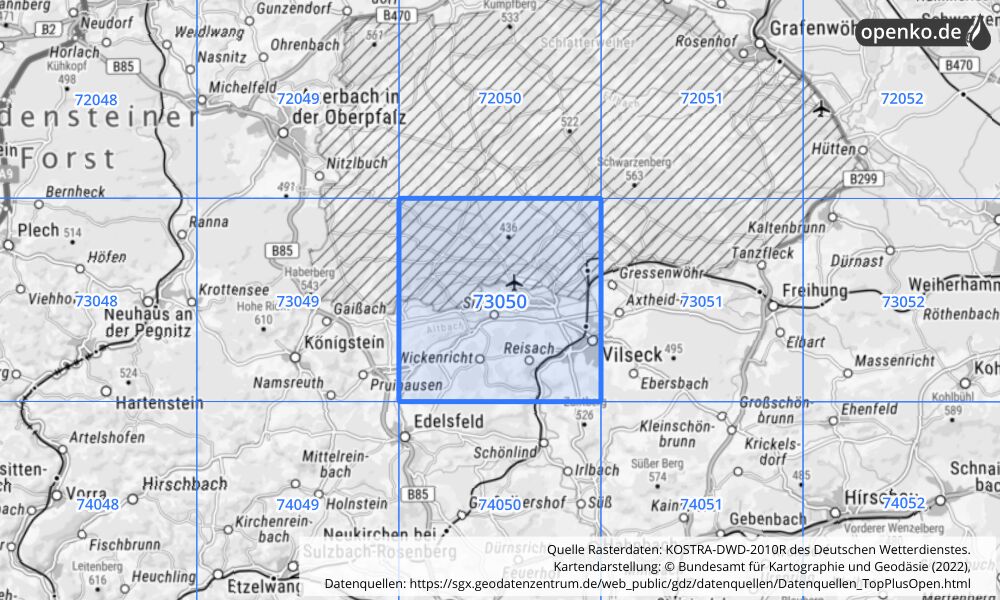 Übersichtskarte KOSTRA-DWD-2010R Rasterfeld Nr. 73050 mit angrenzenden Feldern