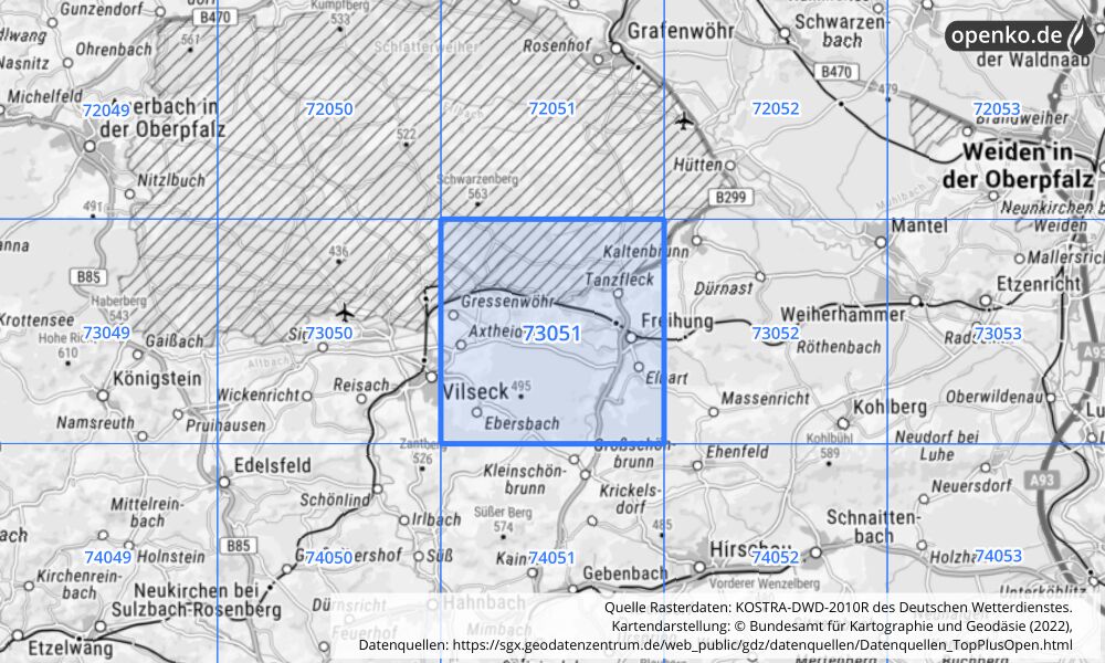 Übersichtskarte KOSTRA-DWD-2010R Rasterfeld Nr. 73051 mit angrenzenden Feldern