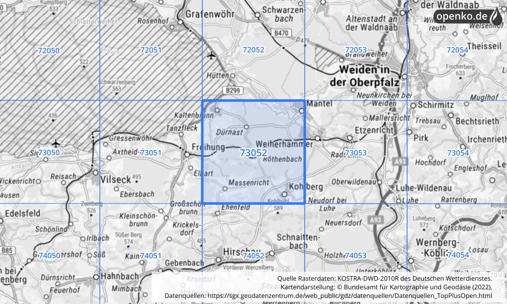 Übersichtskarte KOSTRA-DWD-2010R Rasterfeld Nr. 73052 mit angrenzenden Feldern