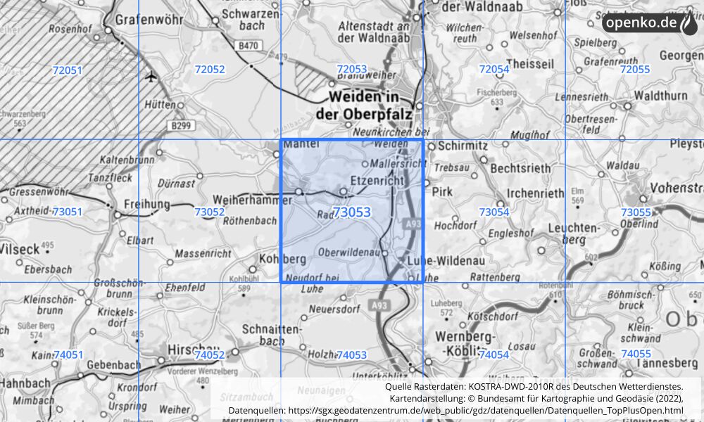 Übersichtskarte KOSTRA-DWD-2010R Rasterfeld Nr. 73053 mit angrenzenden Feldern