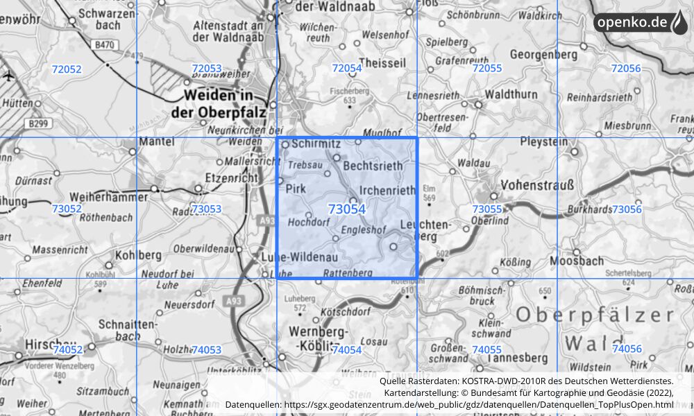 Übersichtskarte KOSTRA-DWD-2010R Rasterfeld Nr. 73054 mit angrenzenden Feldern