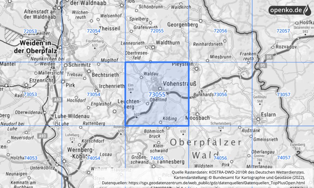 Übersichtskarte KOSTRA-DWD-2010R Rasterfeld Nr. 73055 mit angrenzenden Feldern