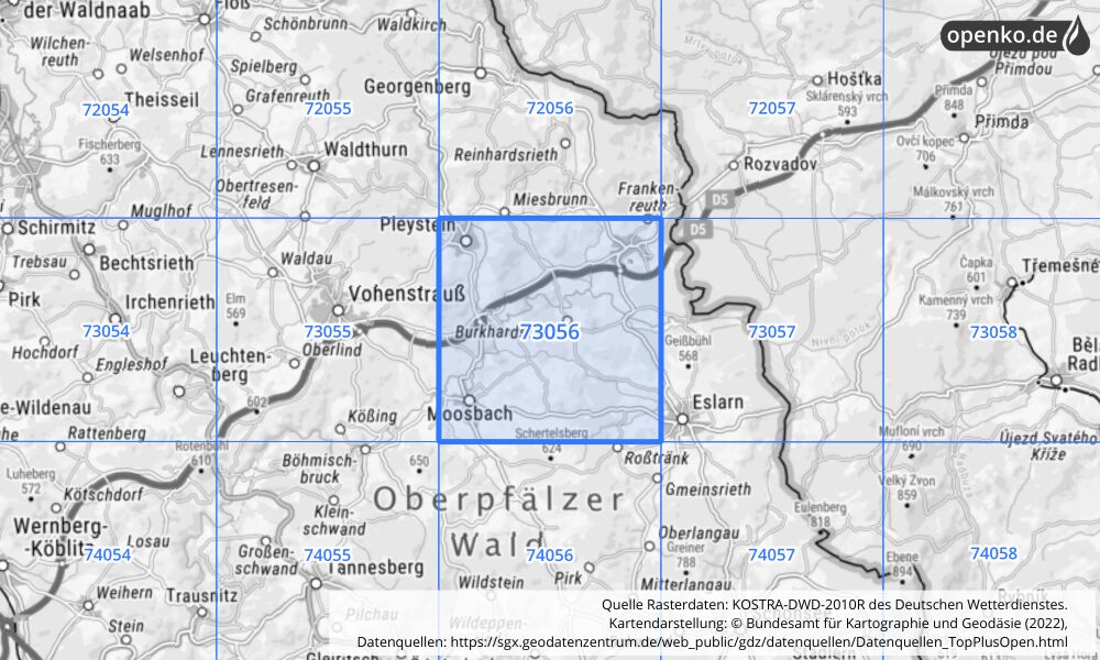 Übersichtskarte KOSTRA-DWD-2010R Rasterfeld Nr. 73056 mit angrenzenden Feldern