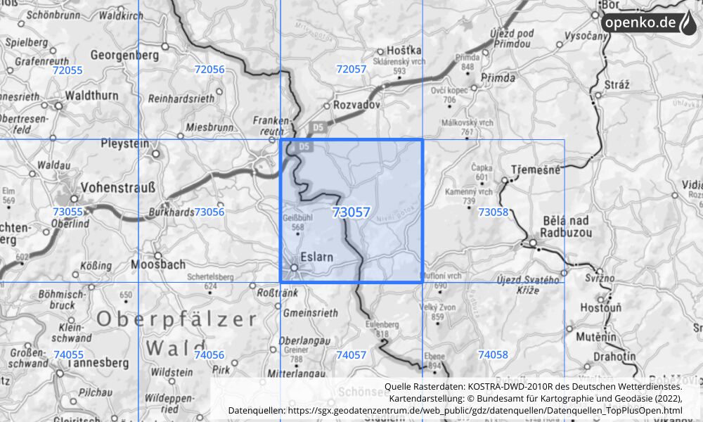 Übersichtskarte KOSTRA-DWD-2010R Rasterfeld Nr. 73057 mit angrenzenden Feldern