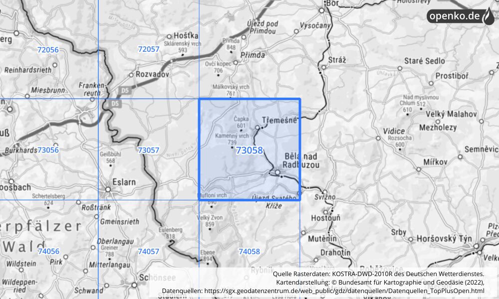 Übersichtskarte KOSTRA-DWD-2010R Rasterfeld Nr. 73058 mit angrenzenden Feldern