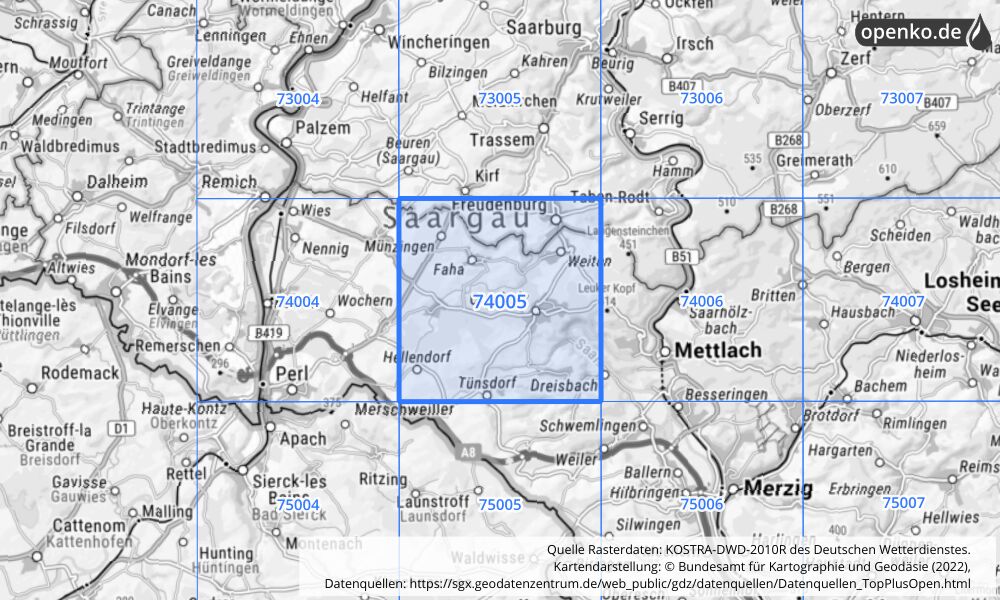 Übersichtskarte KOSTRA-DWD-2010R Rasterfeld Nr. 74005 mit angrenzenden Feldern