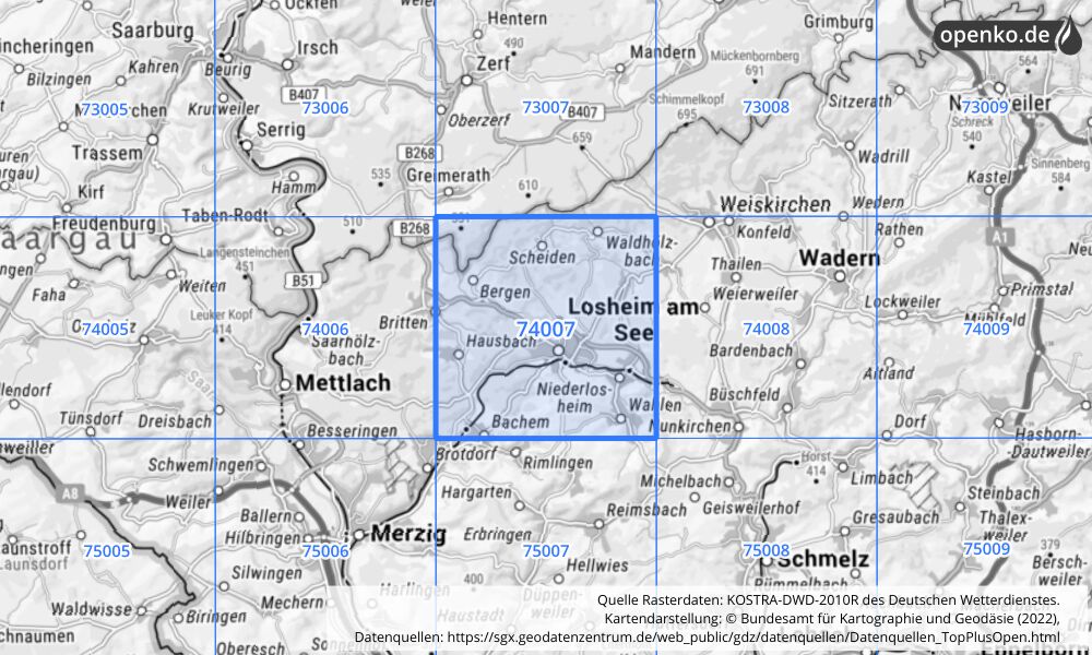 Übersichtskarte KOSTRA-DWD-2010R Rasterfeld Nr. 74007 mit angrenzenden Feldern