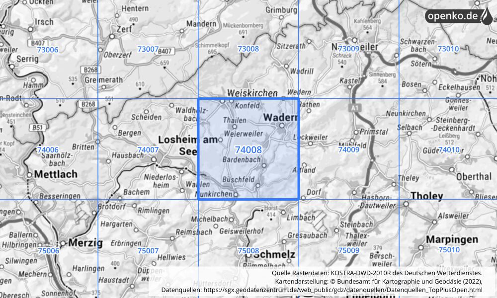 Übersichtskarte KOSTRA-DWD-2010R Rasterfeld Nr. 74008 mit angrenzenden Feldern