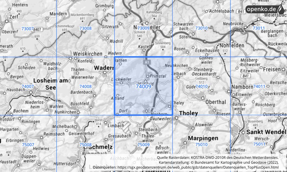 Übersichtskarte KOSTRA-DWD-2010R Rasterfeld Nr. 74009 mit angrenzenden Feldern