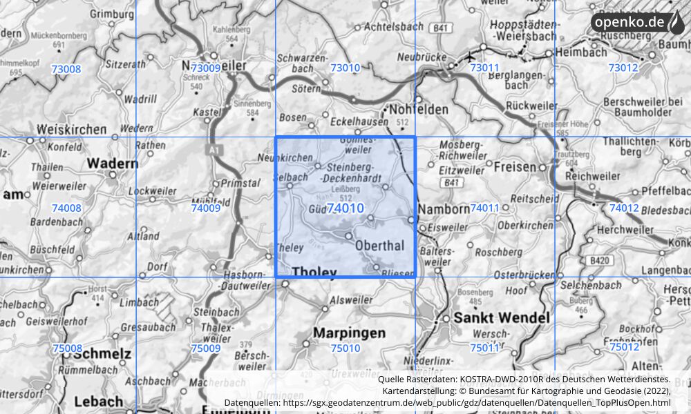 Übersichtskarte KOSTRA-DWD-2010R Rasterfeld Nr. 74010 mit angrenzenden Feldern