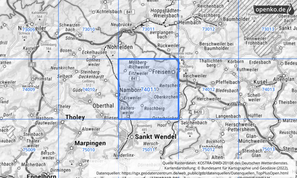 Übersichtskarte KOSTRA-DWD-2010R Rasterfeld Nr. 74011 mit angrenzenden Feldern