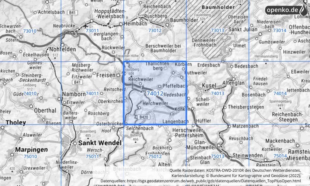 Übersichtskarte KOSTRA-DWD-2010R Rasterfeld Nr. 74012 mit angrenzenden Feldern