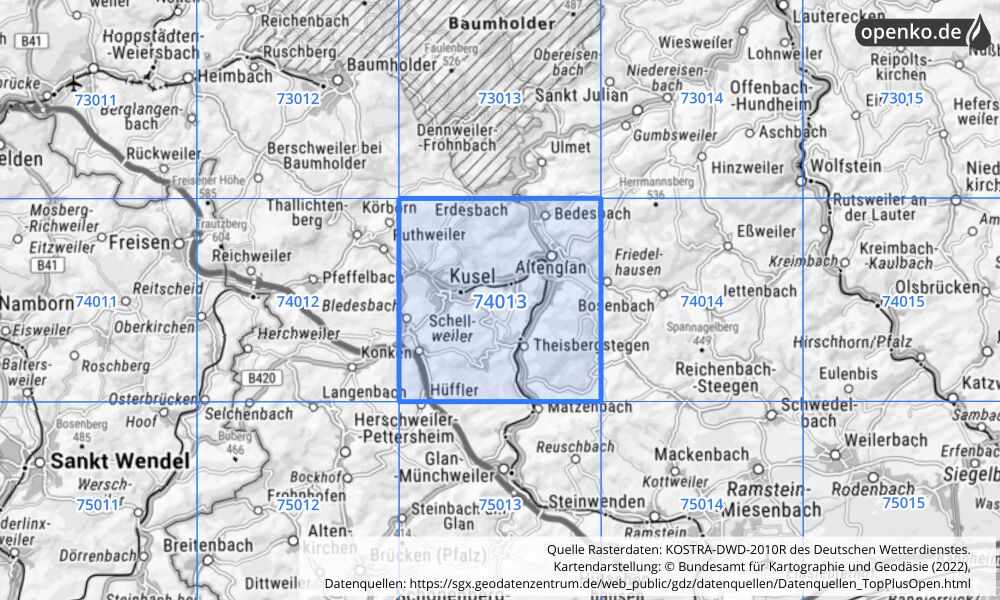 Übersichtskarte KOSTRA-DWD-2010R Rasterfeld Nr. 74013 mit angrenzenden Feldern