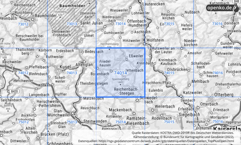 Übersichtskarte KOSTRA-DWD-2010R Rasterfeld Nr. 74014 mit angrenzenden Feldern