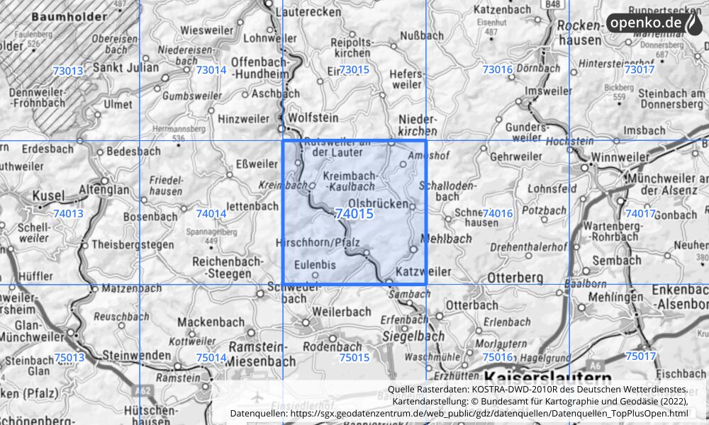 Übersichtskarte KOSTRA-DWD-2010R Rasterfeld Nr. 74015 mit angrenzenden Feldern