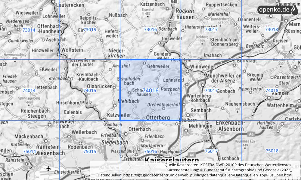 Übersichtskarte KOSTRA-DWD-2010R Rasterfeld Nr. 74016 mit angrenzenden Feldern