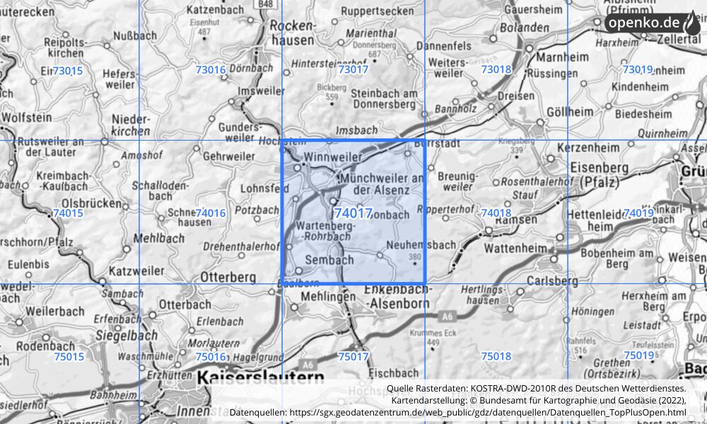 Übersichtskarte KOSTRA-DWD-2010R Rasterfeld Nr. 74017 mit angrenzenden Feldern