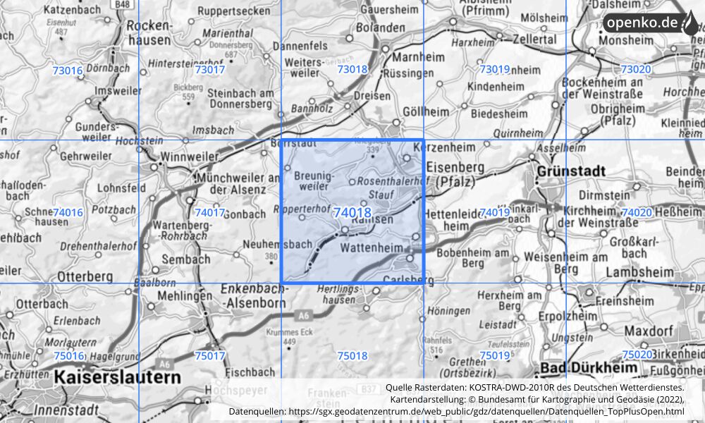 Übersichtskarte KOSTRA-DWD-2010R Rasterfeld Nr. 74018 mit angrenzenden Feldern